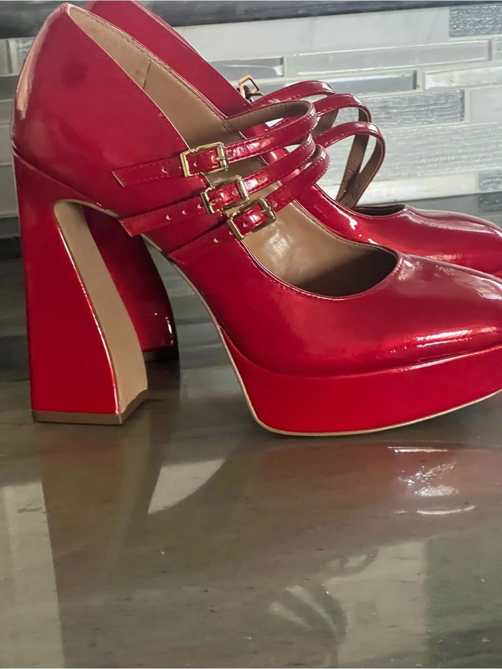 Jessica Simpson Red Patent Triple-Strap Platform Heels